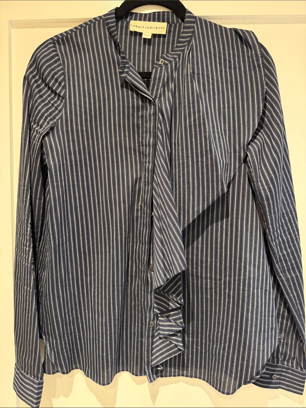 Robert Rodriguez Blue and White Striped Ruffle Front Blouse